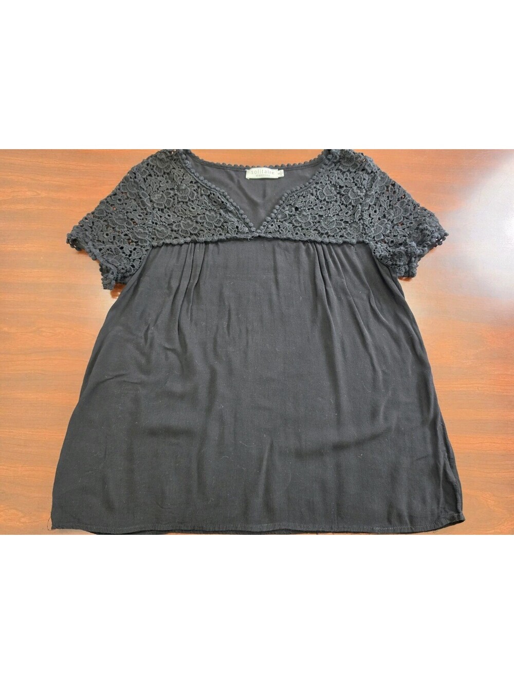Solitaire Black Top Lace Trim Yoke Short Sleeve Small Boho Chic Romantic Gothic